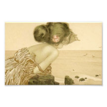 Vintage Sea Girl With Pink Rose Print Photo Art