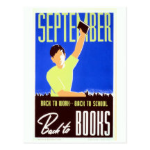 Vintage september back to work, school, books WPA Postcard