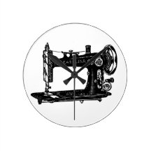 Vintage Sewing Machine Black and White Wall Clock