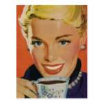 Vintage Smiling Woman Enjoying Her Morning Coffee Post Card