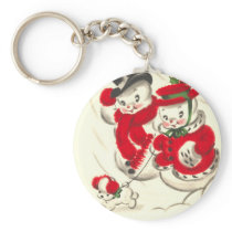 Vintage Snowman and Snowwoman Keychain