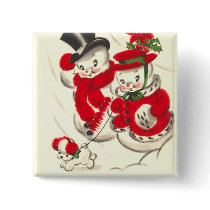 Vintage Snowman and Snowwoman Square Button