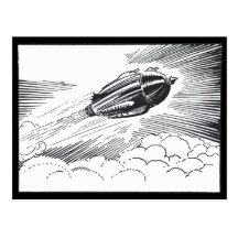 Vintage Spaceship Rocket Flying in the Clouds Postcards