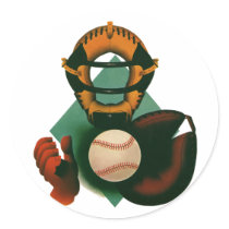 Vintage Sports; Baseball Player, Catcher Round Sticker
