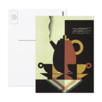 Vintage Steaming Coffee Pot with Coffee Cups Post Card