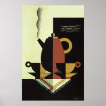 Vintage Steaming Coffee Pot with Coffee Cups Posters