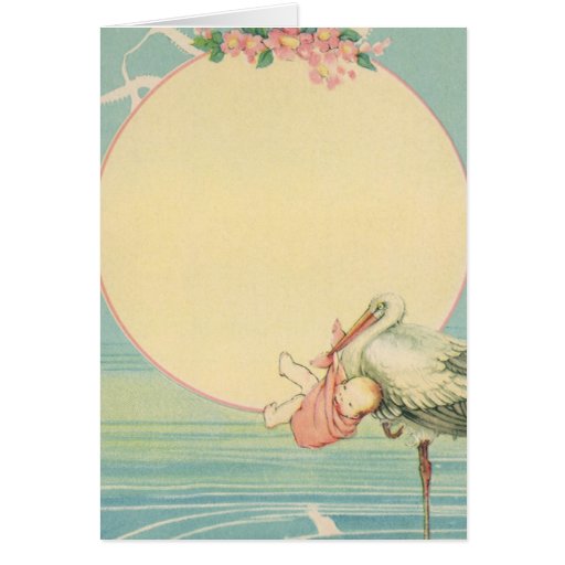 Vintage Stork with Baby Girl in Pink Blanket Greeting Card