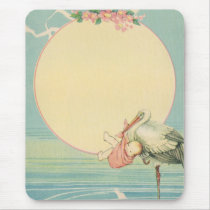 Vintage Stork with Baby Mouse Pad