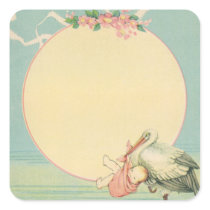 Vintage Stork with Baby Square Stickers