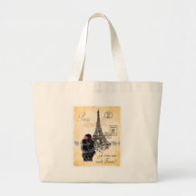 Vintage Style Black Poodle Eiffel Tower Print Canvas Bags
