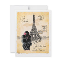 Vintage Style Black Poodle Eiffel Tower Print Custom Invitations
