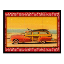 vintage surf woodie postcard