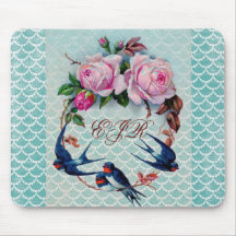 vintage swallows and roses on cyan mouse pads