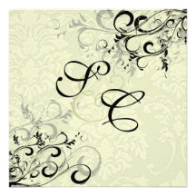 Vintage swirls/black/ivory damask personalized invite