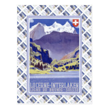 Vintage Swiss Raulway Poster, Interlaken Luzern Postcard