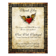 Vintage Tattoo Winged Heart Thank You Coupon Invitations