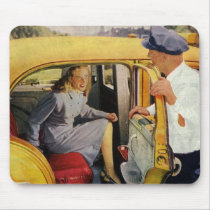 Vintage Taxi Cab Driver and Passenger Mousepad