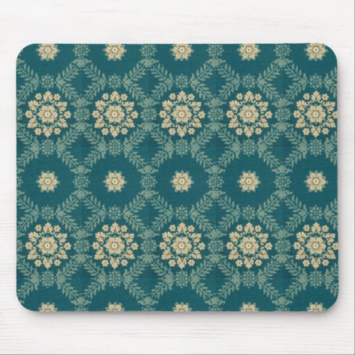 Vintage Teal and Beige Floral Fabric Mousepad