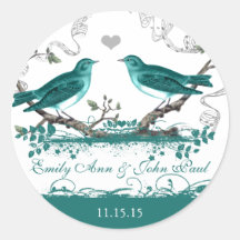 Vintage Teal Birds Wedding Stickers