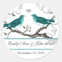 Vintage Teal Birds Wedding Stickers