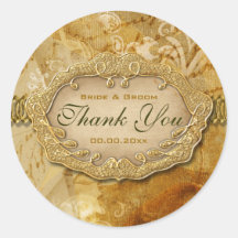 Vintage "thank you" gold brown wedding round sticker