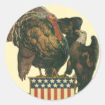 Vintage Thanksgiving Turkey, Eagle, Amercan Flag Round Sticker