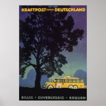 Vintage Travel Poster, Germany, Yellow Bus, Night