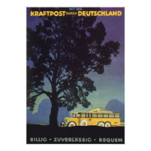 Vintage Travel Poster, Germany, Yellow Bus, Night Invitation