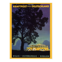Vintage Travel Poster, Germany, Yellow Bus, Night Postcards
