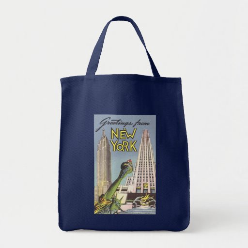 Vintage Travel Poster, New York City Landmarks Canvas Bags