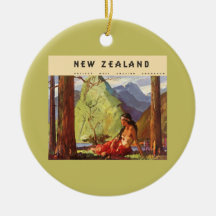Vintage Travel Poster, New Zealand Native Woman Christmas Tree Ornament
