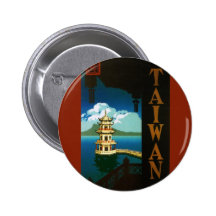 Vintage Travel Poster, Taiwan Pagoda Tiered Tower Button