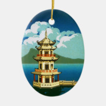 Vintage Travel Poster, Taiwan Pagoda Tiered Tower Ornaments