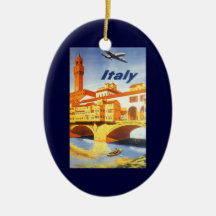 Vintage Travel Poster, Volterra Italy Bridge River Christmas Tree Ornaments