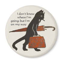 Vintage Travelling Black Cat Round Magnet