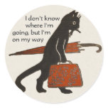 Vintage Travelling Black Cat Round Stickers
