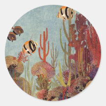Vintage Tropical Fish and Coral in the Ocean Round Sticker