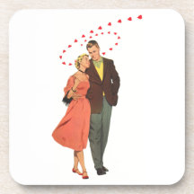 Vintage Valentine Walking with Floating Hearts Beverage Coasters