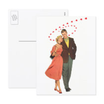 Vintage Valentine Walking with Floating Hearts Postcards