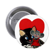 Vintage Valentine's Day, Cat Mouse Tea Cup Heart Pinback Buttons