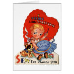 Vintage Valentine's Day Girl Sewing Greeting Card