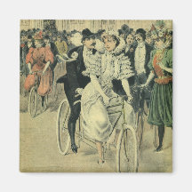 Vintage Victorian Bride and Groom on a Bike Fridge Magnet