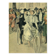 Vintage Victorian Bride and Groom on a Bike Postcard