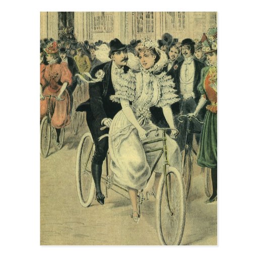 Vintage Victorian Bride and Groom on a Bike Postcard
