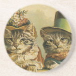 Vintage Victorian Cats in Hats, Funny Silly Humor Beverage Coaster