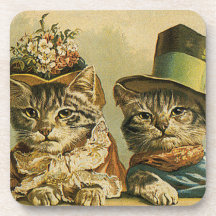 Vintage Victorian Cats in Hats, Funny Silly Humor Drink Coaster