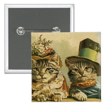 Vintage Victorian Cats in Hats, Funny Silly Humour Pinback Button