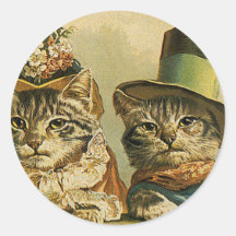Vintage Victorian Cats in Hats, Funny Silly Humour Round Stickers