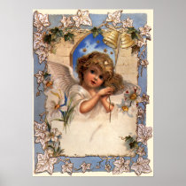 Vintage Victorian Christmas Angel with Bells Ivy Poster