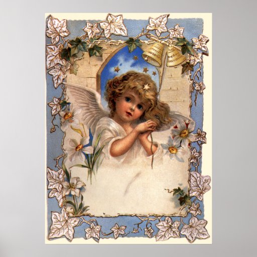 Vintage Victorian Christmas Angel with Bells Ivy Poster